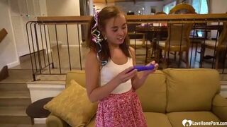 Sexy teen girl plays with her toy and blows me