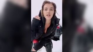 Hot brunette gets fucked in the car on a snowy spring d