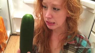 Slutty Redhead Fucks Hairy Pussy with Cucumber for Daddy